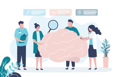 Doktorlar beyin üzerinde çeşitli çalışmalar yapıyorlar. Kadın karakter büyüteçle beyni inceliyor. Beyaz önlüklü bir grup tıbbi personel. Tıbbi tedavi ve sağlık hizmetleri fikri. Vektör illüstrasyonu