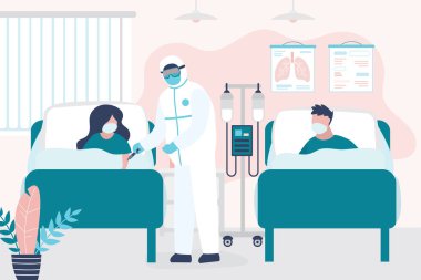 Hasta insanlar hastanede yatakta yatıyor. Klinikte bir oda. Koruyucu üniformalı tıbbi personel ve enfekte olmuş hastalar. Sağlık hizmetleri ve yardım. Viral enfeksiyon, koronavirüs salgını. Moda vektör illüstrasyonu