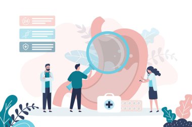 Doktor büyüteç tutuyor ve mideyi inceliyor. Bir grup gastroenterolog büyük bir mide analizi yapıyor. Tıp çalışanları sindirim sistemini tedavi eder. Gastroenteroloji, tıp afişi. Vektör illüstrasyonu