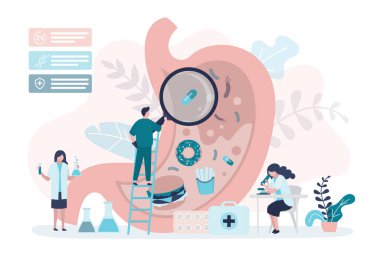 Büyüteci olan bir gastroenterolog mideyi muayene ediyor. Sağlıksız gıdalardan dolayı sindirim sistemi hastalıkları. Doktorlar mide cerrahisini tedavi edip muayene ederler. Gastroenteroloji kavramı. Düz vektör illüstrasyonu