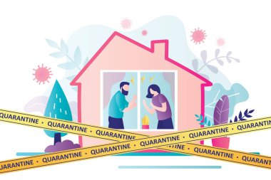 Coronavirus karantina ya da tecrit pankartı. Evin dış tarafı. İlişki sorunu, aile içi şiddet, karı koca kavgaya hazır. Sarı uyarı kasetleri. Sağlık hizmeti konsepti. Düz vektör illüstrasyonu