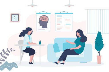 Psikoterapist kadınlara danışmanlık yapıyor. Zihinsel sorunlar, psikologla randevusu olan kadın hastalar. Sağlık hizmeti, tıbbi danışmanlık geçmişi. Klinik odasının içi. Moda biçim vektör illüstrasyonu