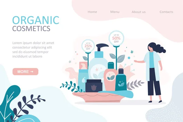 Organik Kozmetik Mağazası Iniş Sayfası Şablonu Satıcı Doğal Kozmetik Ürünlerinde — Stok Vektör