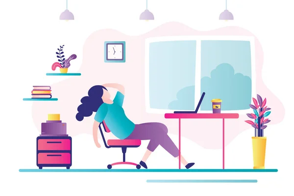 仕事で疲れた女性キャラクター 不幸なビジネス女性は職場に座っている 落ち込んで気分 プロの燃え尽きと大きな感情的なストレス 過労と期限の概念 平面ベクトル図 — ストックベクタ