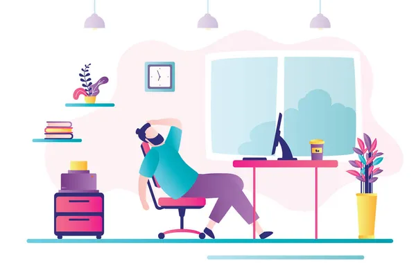 疲れているビジネスマンは職場に座っている 不幸な男の性格は仕事の多くに疲れている ビジネス ストレス 過労の概念 インテリアオフィスルームのデザイン トレンドフラットベクトルイラスト — ストックベクタ