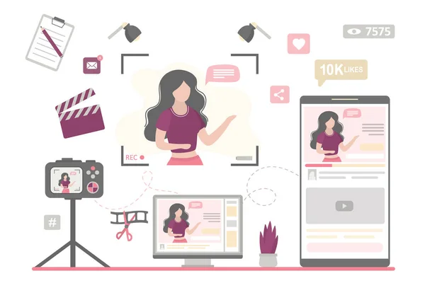 Kadın bağımsız video blogu yapıyor. Kadın blogger kayıt videosu, medya içeriği üretimi. Çeşitli ağ işaretleri ve simgeler. Yayın teknolojisi ya da online kurslar. Vlog oluşturma. Vektör illüstrasyonu