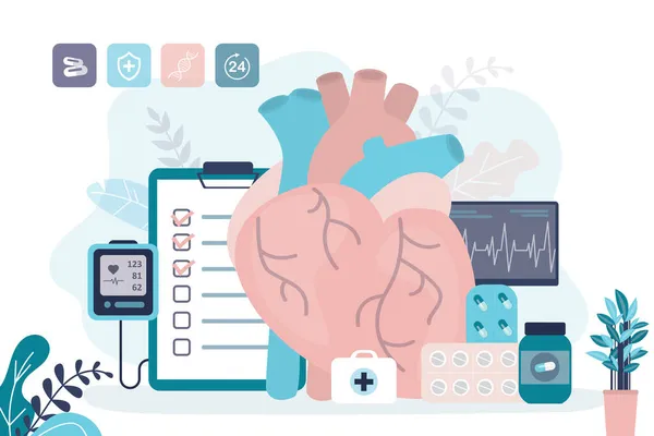 Coração Ligado Equipamento Médico Diagrama Batimento Cardíaco Tela Monitor Exame — Vetor de Stock