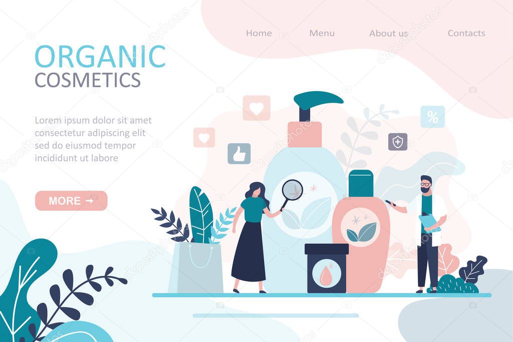 Female character choosing natural cosmetics and eco products. Various large bottles and tubes. Concept of organics cosmetics, skincare and makeup. Landing page template. Flat vector illustration
