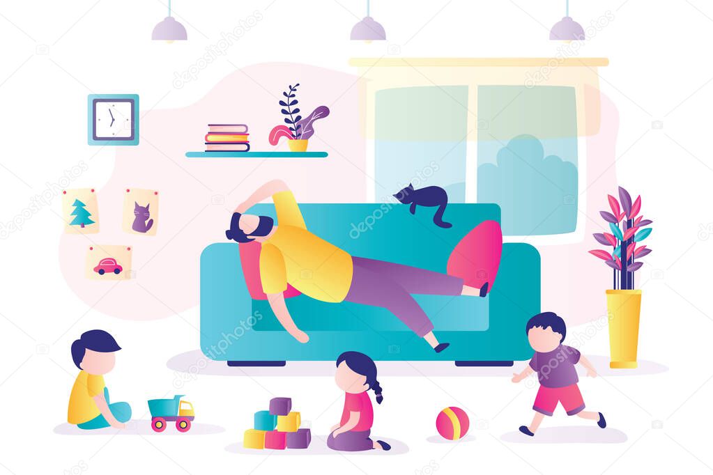 Tired father lies on couch, children play nearby. Playroom interior with furniture. Dad overworked and taking break from household chores. People in trendy style. Flat design vector illustration