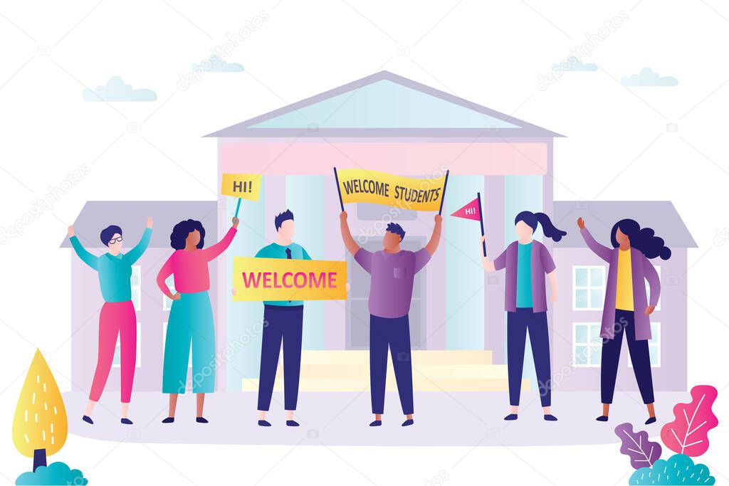 People stand with placards and welcomes freshman. Back to college or university. Group of students stands in front of varsity. Concept of higher education institution, academy.Flat vector illustration