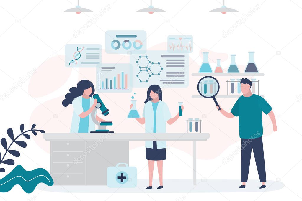 Scientific research laboratory. Scientists and pharmacists are developing new drugs and vaccines. Workplace with equipment, chemical formulas and signs. Teamwork concept. Flat vector illustration