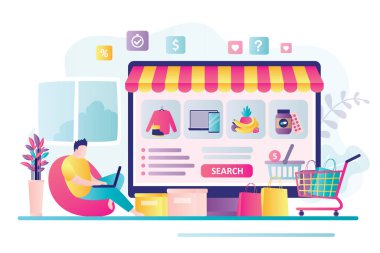 Çevrimiçi mağazadan erkek karakter alışverişi. Yakışıklı adam internet dükkanından çeşitli ürünler alıyor. E-ticaret ve iş kavramı. Web sitesi tasarımı. Bilgisayar ekranında farklı ürünler. Vektör illüstrasyonu