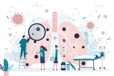 Akciğerleri zatürreeden etkilenmiş. Coronavirus saldırır ve hastalığa neden olur. Doktor hastayı tedavi ediyor. Kadın yatağa uzanıyor. Salgın Covid-19. Sağlık sorunları, solunum yolu hastalıkları. Düz vektör illüstrasyonu