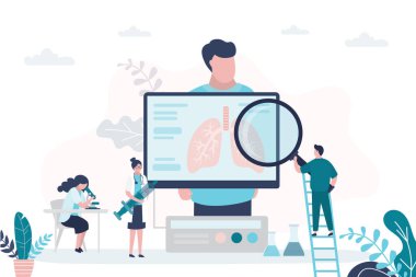 Erkek hasta, pulmonologlar durumu kontrol ediyor, akciğerleri tedavi ediyor. Büyüteci ve şırıngası olan doktorlar. Analiz teknolojisi, solunum organı. Pulmonoloji, sağlık pankartı. Düz vektör illüstrasyonu