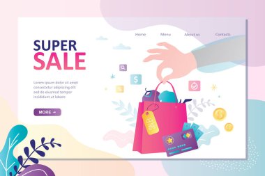 Pakette farklı kıyafetlerle indirim etiketi var. Paketin içinde giysiler var. Süper satış sayfası şablonu. Tişört ve ayakkabılı kağıt çanta. İndirimli alışveriş malzemeleri. Vektör illüstrasyonu