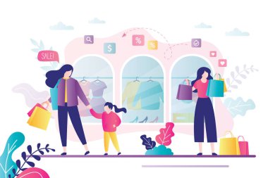 Bir sürü alışveriş çantası olan bir kadın karakter. Farklı kıyafetlerle vitrinlere bakıyorum. Anne ve kızı alışveriş yapıyor. Satış ve iş kavramı. Moda tarzında pankart. Düz vektör illüstrasyonu
