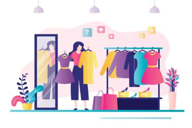 Kadın karakter moda mağazasında elbise deniyor. Askıda asılı farklı kıyafetler. Kadın iki elbise arasından seçim yapar. Giysi dükkanının içinde. Alıcı Massmarket 'ten alışveriş yapıyor. Düz vektör illüstrasyonu
