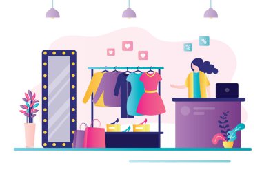 Giysi mağazasının içi. Tezgahın arkasında kadın satıcı var. Askıda asılı farklı kıyafetler. Moda mağazası. İş, alışveriş ve butikler dışında. Moda tarzında pankart. vektör illüstrasyonu