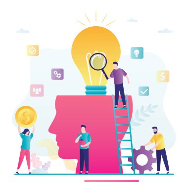 Hayal gücü ve takım çalışması kavramı. Büyüteçten ampule bakan bir adam. Ekip yeni bir fikir arıyor. İş adamları beyin fırtınası yapıyor. Moda tarzında pankart. Düz vektör illüstrasyonu