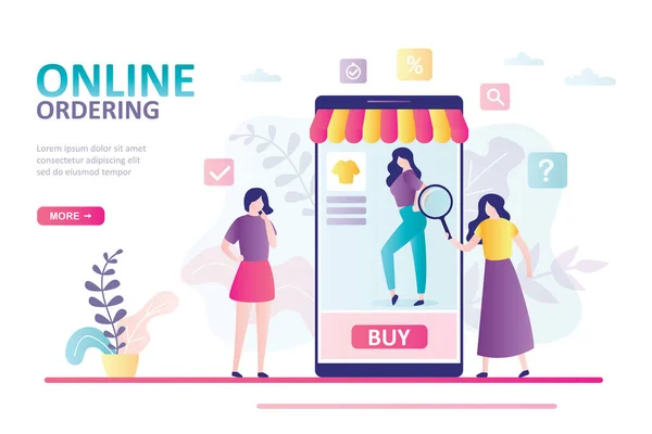 Cartoon Women Choose Clothes Online Store Model Shows Product Smartphone — Stock vektor