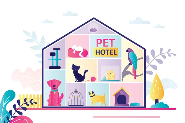 Building Different Domestic Animals Hotel Pets Filled Dogs Cats Parrot — ストックベクタ