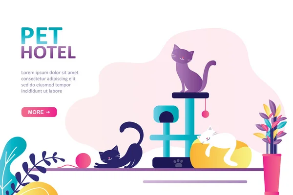 可爱的猫玩线索 卡通小猫咪坐在划伤的柱子上 宠物旅馆 家畜和商业的概念 登陆页面模板 流行风格的网站 平面矢量图解 — 图库矢量图片