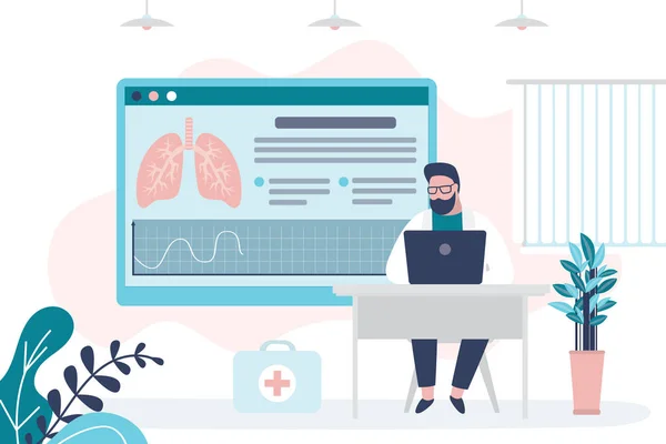 Doktor, akciğer durumu raporunu bilgisayarda kontrol ediyor. Pulmonolog, solunum sistemini hastalıklar için inceliyor. Pulmonoloji ve sağlık sigortası kavramı. Tıp çalışanı iş yerinde oturur. Düz vektör illüstrasyonu