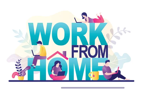 Work Home Concept Banner Landing Page Business People Use Laptops —  Vetores de Stock