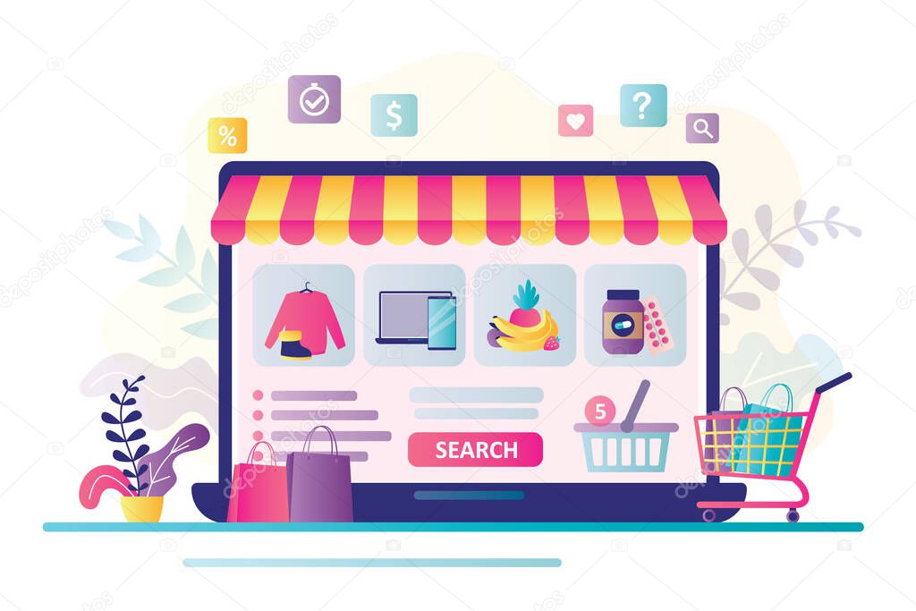 Various products in internet shop, online store showcase. Concept of e-commerce and business. Different goods on laptop screen, technology of shopping in online marketplace. Flat vector illustration