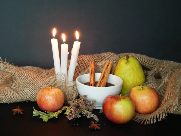 Autumn Background Apples Pear Dry Herbs Anise Cinnamon Sticks Cup — Stock Photo, Image