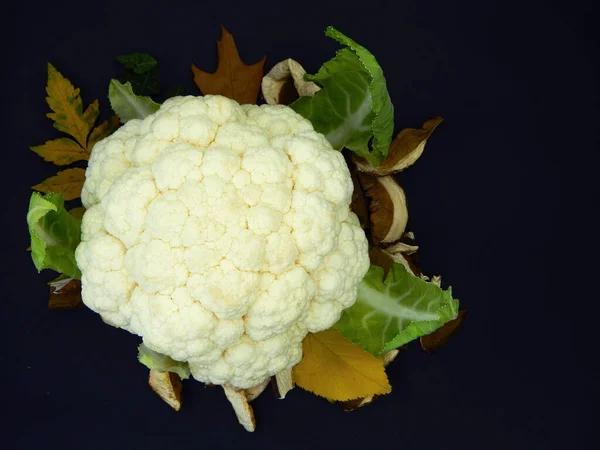 Sonbahar arkaplanı karnabahar, kurutulmuş porcini mantarı ve sonbahar yaprakları. Sonbahar mantarları, karnabahar ve siyah arka planda yaprakların bileşimi.