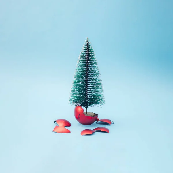 Albero Natale Esce Una Bagattella Rossa Rotta Sfondo Blu Minimale — Foto Stock