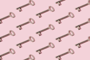 Pembe arka planda metal anahtar. Desen.