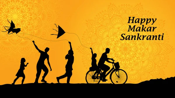 Designer Illustration Happy Makar Sankranti Children Flying Kites Yellowish Silhouette — Stock Photo, Image