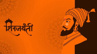 Hintçe (chatrapati shivaji) illüstrasyonlu shivaji maharaj jayanti. Turuncu mandala ve shivaji maharaj yan yüzlü tasarımcı şablonu.