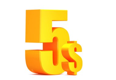Altın 5 dolar. Beyaz arka planda 5 dolar. 3d illüstrasyon