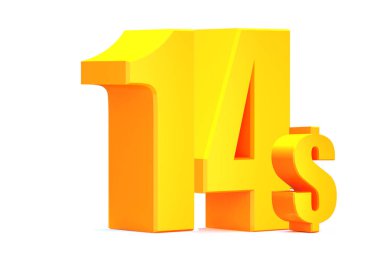 Altın 14 dolar. Beyaz arka planda 14 dolar. 3d illüstrasyon
