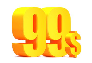Altın 99 dolar. Beyaz arka planda 99 dolar. 3d illüstrasyon