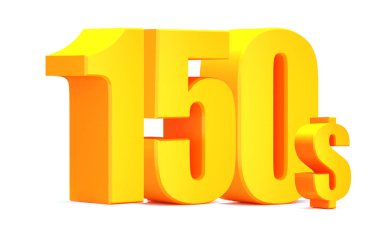 Altın 150 dolar. Beyaz arka planda 150 dolar. 3d illüstrasyon