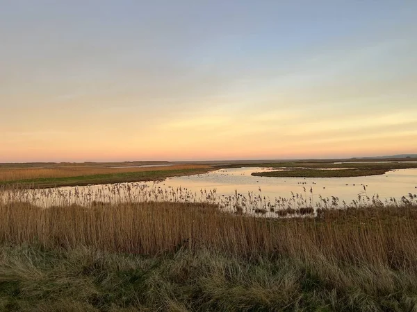 自然保護区のウォータープールで湿地の上に美しい夕日の風景と冬の午後にビーチの地平線にカラフルな空と次の海ノーフォーク東アングリアUkの海岸に葦 — ストック写真