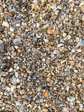 Okyanus kıyısındaki kumsal taşlarını kapatın. Kahverengi gri kaya çakıl taşları. Farklı şekillerde.