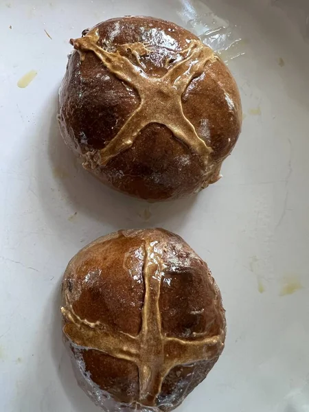 Close Vegan Hot Cross Buns Home Made Delicious Freshly Baked — стоковое фото