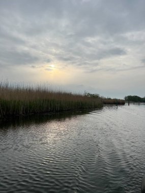 Şafak vakti koro teknesinin güzel manzarası gün doğumunda Hickling Geniş Doğa Koruma Alanı Norfolk Doğu Anglia 'da güneş doğarken bulutların arasından geçerek sazlıklarla suya yansıyor.