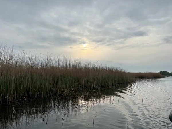 Şafak vakti koro teknesinin güzel manzarası gün doğumunda Hickling Geniş Doğa Koruma Alanı Norfolk Doğu Anglia 'da güneş doğarken bulutların arasından geçerek sazlıklarla suya yansıyor.