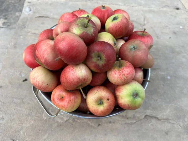 Close Van Heerlijke Discovery Appels Een Metalen Vergiet Rijpe Smakelijke — Stockfoto