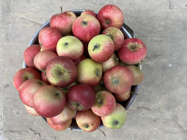Close up of delicious Discovery apples in a metal colander, the ripe tasty healthy crisp organic fruit in red and green harvest from organic country garden orchard in lSummer on stone patio flat lay