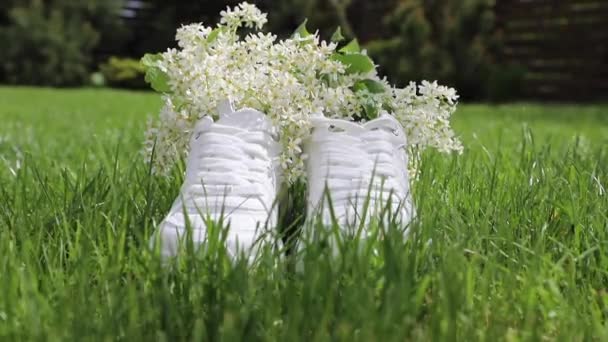 Adidași Albi Flori Ele Gazon Vânt Ușor Suflă Conceptul Pantofi — Videoclip de stoc