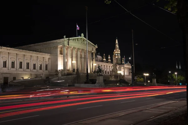 The Austrian government building in Vienna at night, Austria