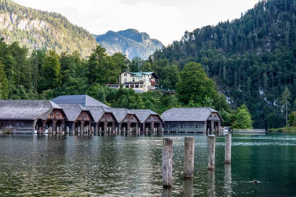 Wooden Boathouses Lake Koenigssee Schoenau Bavaria Germany — Stockfoto