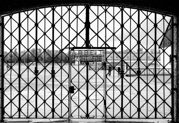 Iconic Gate Entrance Concentration Camp Dachau Scorned Inscription Work Brings — Fotografia de Stock